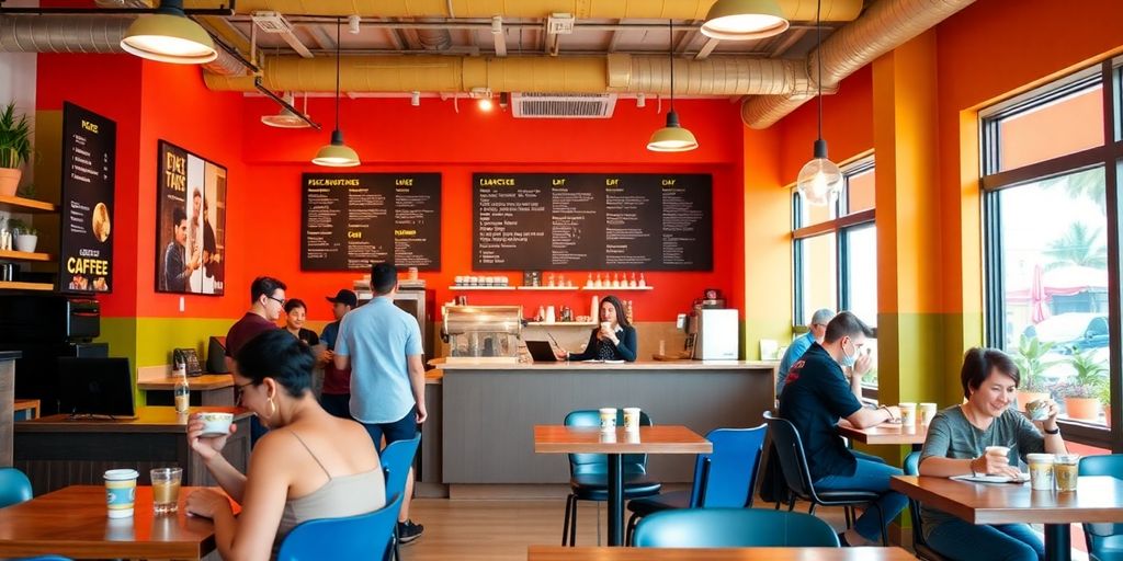 Inviting coffee shop interior with customers enjoying drinks.