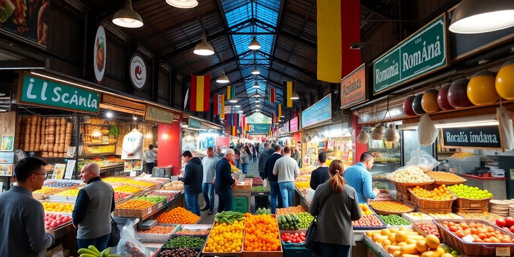 A busy Romanian marketplace with colorful food stalls.