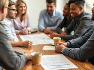 Discuție de afaceri pentru franciză, oameni la masă.