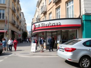 Imagine a vibrant street view of a franciză din România.