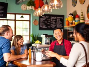 Cafenea mică și primitoare, atmosferă de afacere.