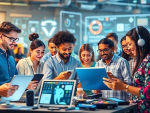 Inovație și colaborare în tehnologie, grup divers de oameni.