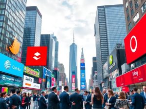 Clădiri diverse, logo-uri colorate și oameni de afaceri conectați.