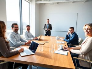 Grup de cursanți la masă cu caiete, laptopuri și instructor